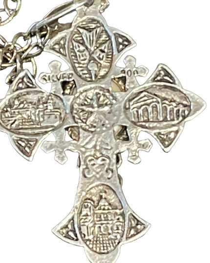 Vintage Sterling silver 900 Jerusalem cross with stone necklace etched handmade