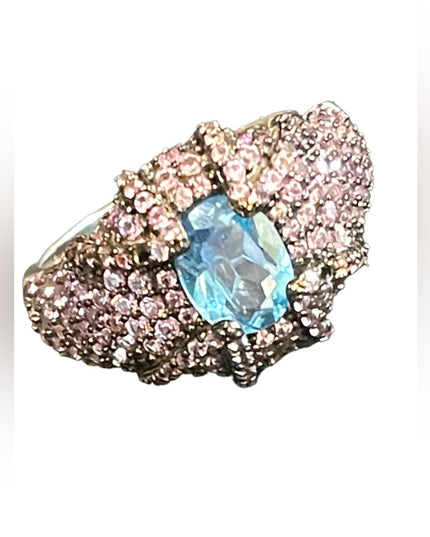 Oval Swiss Blue Topaz 8x6mm Pink Sapphire Diamond Cut 925 Sterling Silver Ring