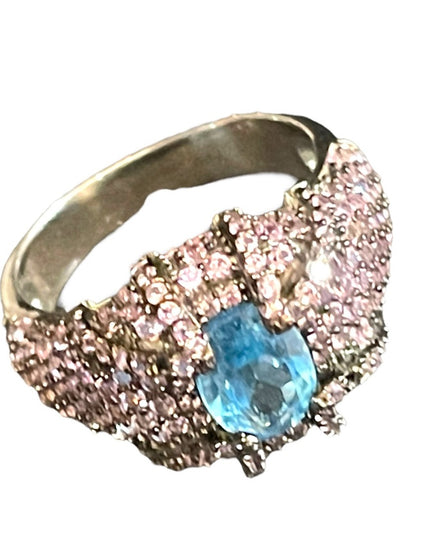 Oval Swiss Blue Topaz 8x6mm Pink Sapphire Diamond Cut 925 Sterling Silver Ring