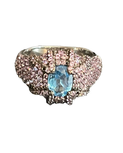 Oval Swiss Blue Topaz 8x6mm Pink Sapphire Diamond Cut 925 Sterling Silver Ring