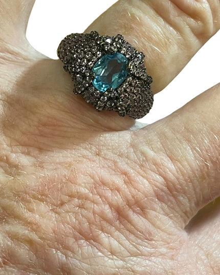 Oval Swiss Blue Topaz 8x6mm Pink Sapphire Diamond Cut 925 Sterling Silver Ring