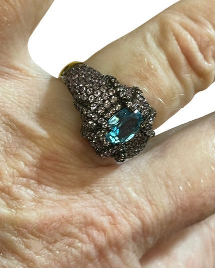 Oval Swiss Blue Topaz 8x6mm Pink Sapphire Diamond Cut 925 Sterling Silver Ring