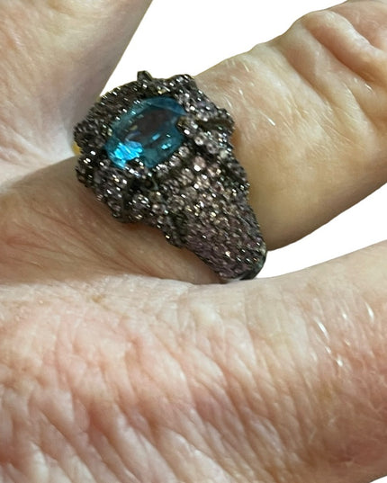 Oval Swiss Blue Topaz 8x6mm Pink Sapphire Diamond Cut 925 Sterling Silver Ring