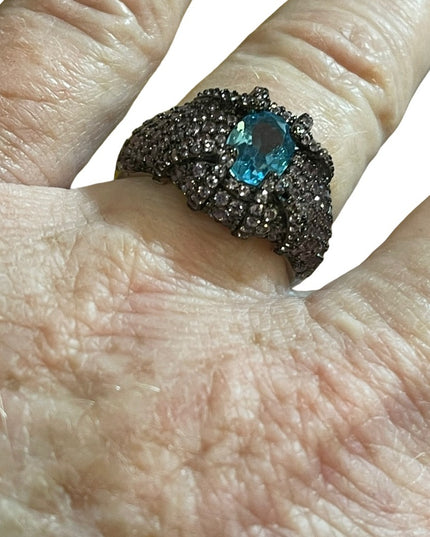 Oval Swiss Blue Topaz 8x6mm Pink Sapphire Diamond Cut 925 Sterling Silver Ring