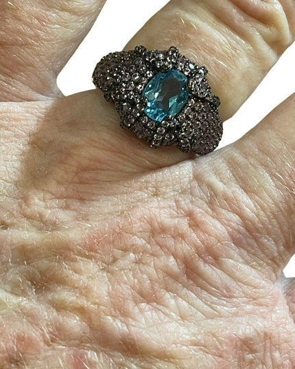 Oval Swiss Blue Topaz 8x6mm Pink Sapphire Diamond Cut 925 Sterling Silver Ring