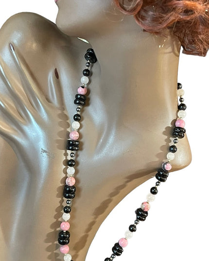 Vintage 1950s Chinese Export Rose Quartz Rhodonite black onyx 925 necklace
