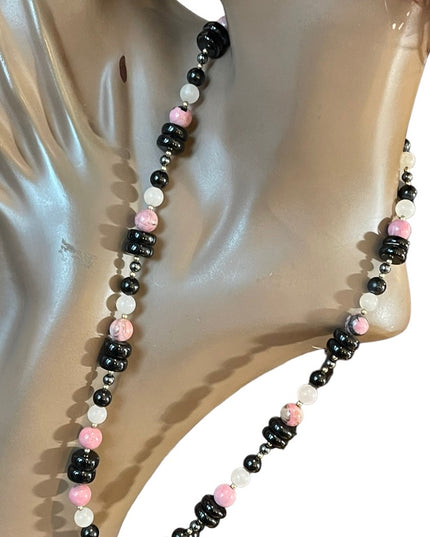 Vintage 1950s Chinese Export Rose Quartz Rhodonite black onyx 925 necklace