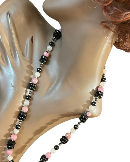Vintage 1950s Chinese Export Rose Quartz Rhodonite black onyx 925 necklace