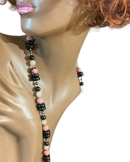 Vintage 1950s Chinese Export Rose Quartz Rhodonite black onyx 925 necklace