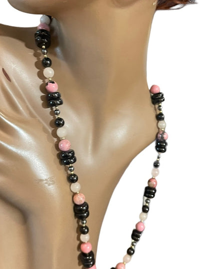 Vintage 1950s Chinese Export Rose Quartz Rhodonite black onyx 925 necklace