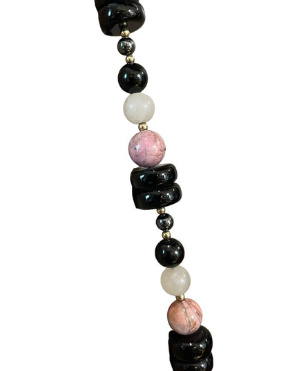 Vintage 1950s Chinese Export Rose Quartz Rhodonite black onyx 925 necklace