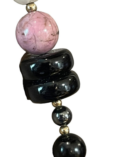 Vintage 1950s Chinese Export Rose Quartz Rhodonite black onyx 925 necklace