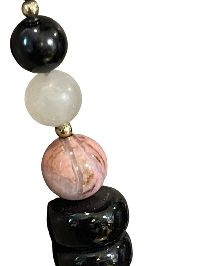 Vintage 1950s Chinese Export Rose Quartz Rhodonite black onyx 925 necklace
