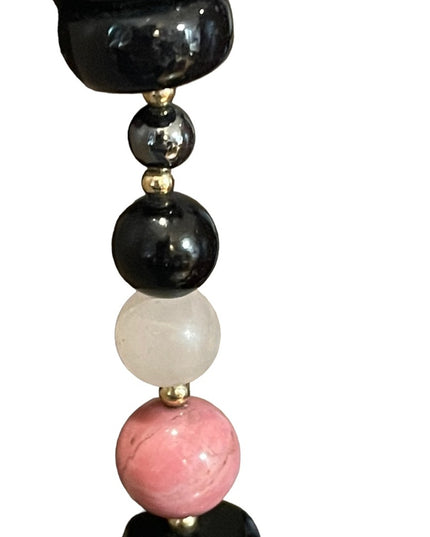 Vintage 1950s Chinese Export Rose Quartz Rhodonite black onyx 925 necklace