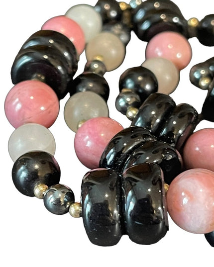 Vintage 1950s Chinese Export Rose Quartz Rhodonite black onyx 925 necklace