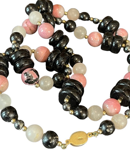 Vintage 1950s Chinese Export Rose Quartz Rhodonite black onyx 925 necklace