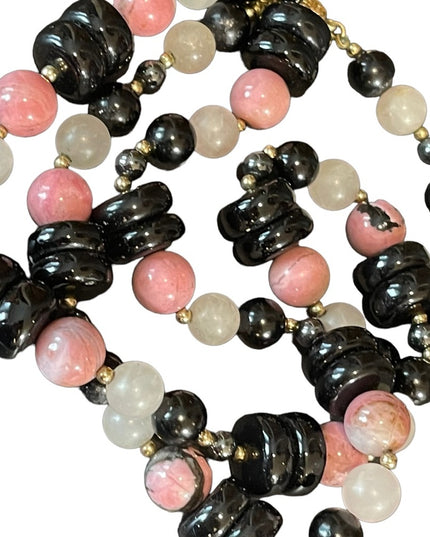 Vintage 1950s Chinese Export Rose Quartz Rhodonite black onyx 925 necklace