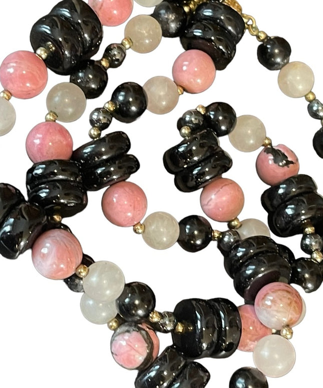 Vintage 1950s Chinese Export Rose Quartz Rhodonite black onyx 925 necklace