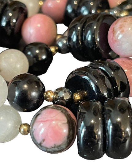 Vintage 1950s Chinese Export Rose Quartz Rhodonite black onyx 925 necklace