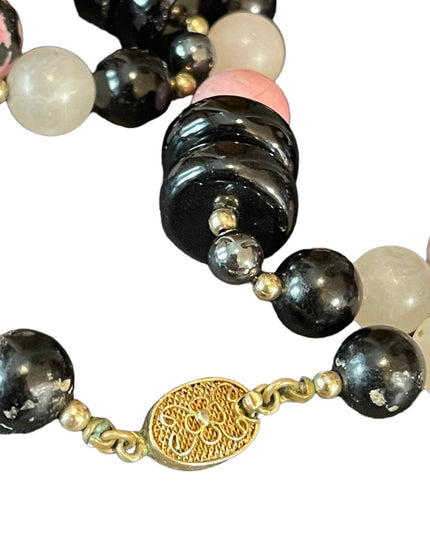 Vintage 1950s Chinese Export Rose Quartz Rhodonite black onyx 925 necklace