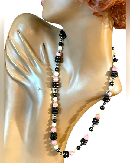 Vintage 1950s Chinese Export Rose Quartz Rhodonite black onyx 925 necklace
