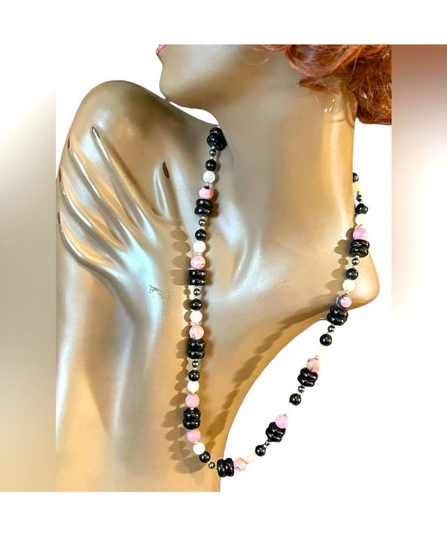 Vintage 1950s Chinese Export Rose Quartz Rhodonite black onyx 925 necklace
