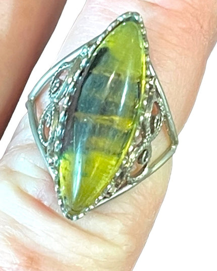 Antique Silver ring with fossil like setting filagree handmade oblong