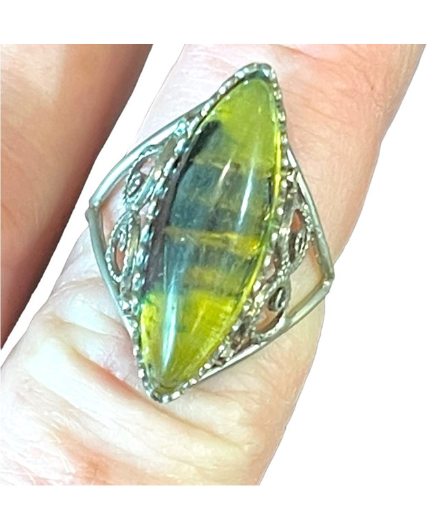 Antique Silver ring with fossil like setting filagree handmade oblong