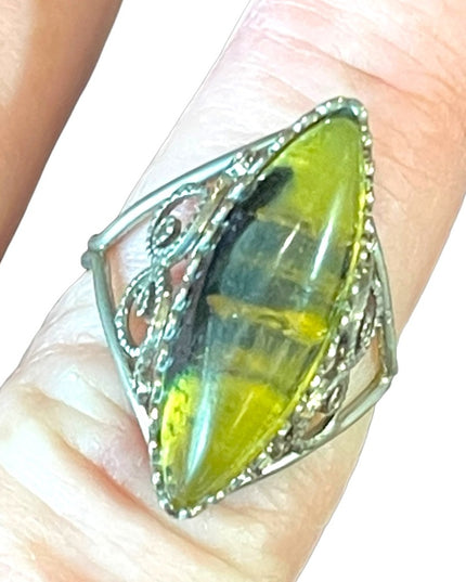 Antique Silver ring with fossil like setting filagree handmade oblong