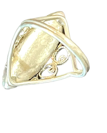 Antique Silver ring with fossil like setting filagree handmade oblong