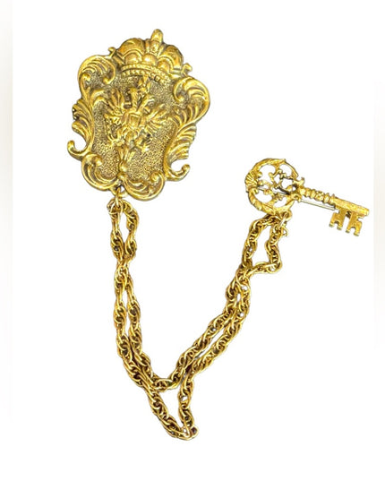 Vintage Victorian Revival Gold brassy finish Key Crown eagle Heraldic Brooch set