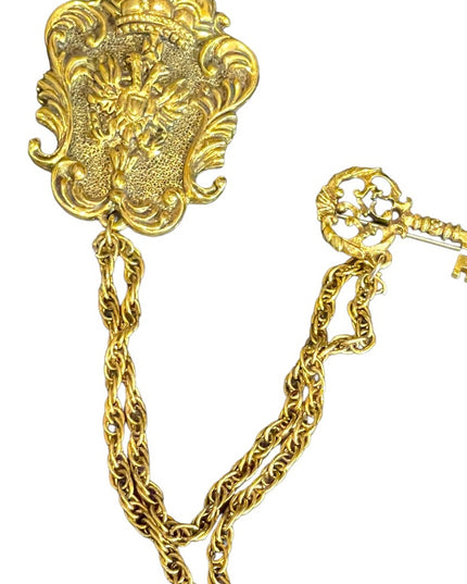 Vintage Victorian Revival Gold brassy finish Key Crown eagle Heraldic Brooch set