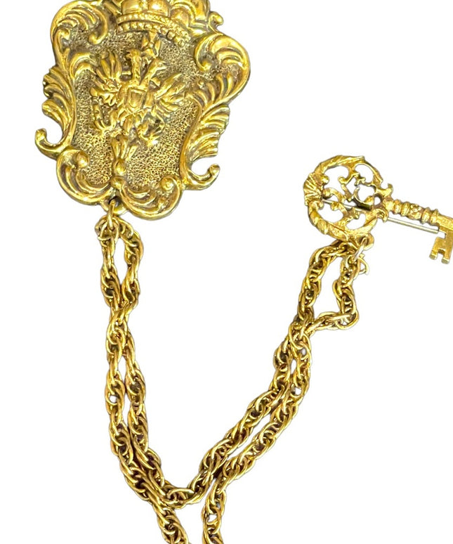 Vintage Victorian Revival Gold brassy finish Key Crown eagle Heraldic Brooch set