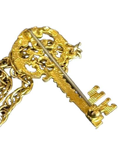 Vintage Victorian Revival Gold brassy finish Key Crown eagle Heraldic Brooch set