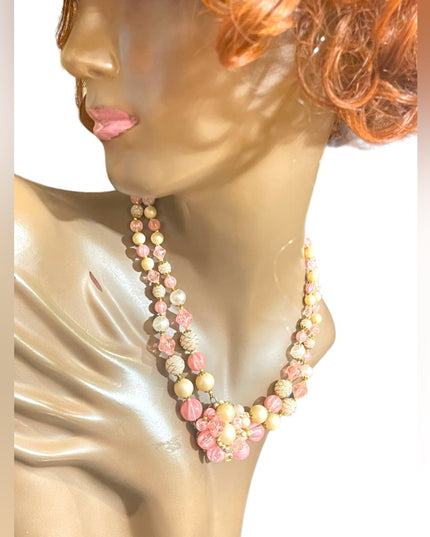 Lovely West Germany pink faux fancy double strand resin necklace choker