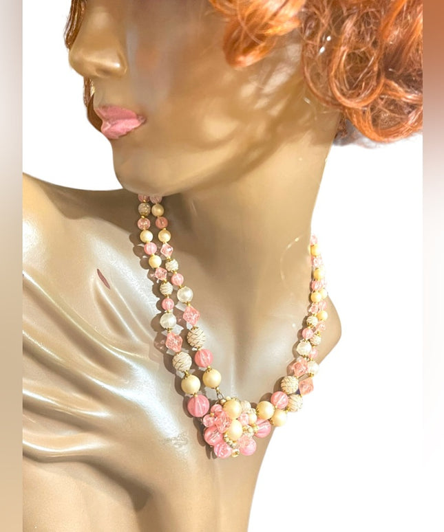 Lovely West Germany pink faux fancy double strand resin necklace choker