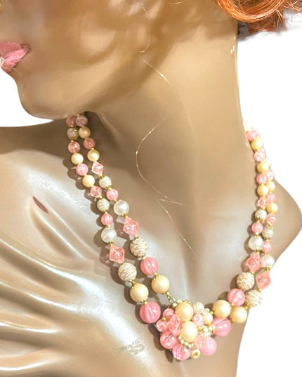 Lovely West Germany pink faux fancy double strand resin necklace choker