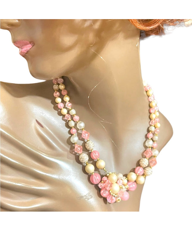 Lovely West Germany pink faux fancy double strand resin necklace choker