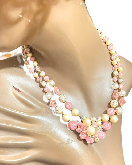 Lovely West Germany pink faux fancy double strand resin necklace choker