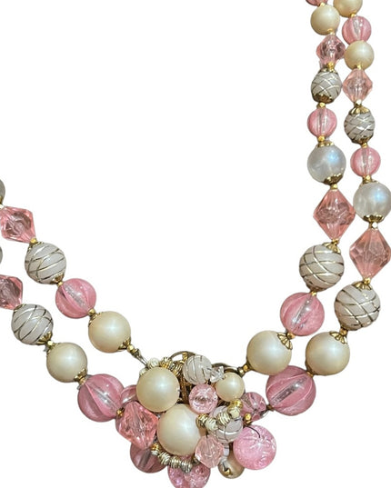 Lovely West Germany pink faux fancy double strand resin necklace choker