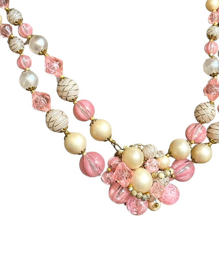 Lovely West Germany pink faux fancy double strand resin necklace choker