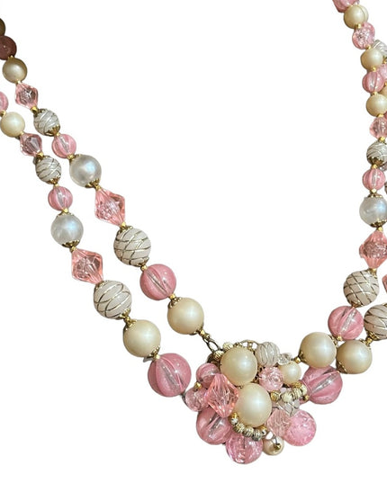 Lovely West Germany pink faux fancy double strand resin necklace choker