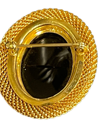 Vintage gold plated finish carved glass cameo brooch