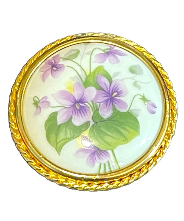 Vintage 1950s Limoges Porcelain flowers transfer gold finish cameo brooch