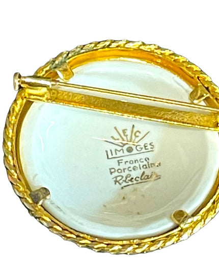Vintage 1950s Limoges Porcelain flowers transfer gold finish cameo brooch