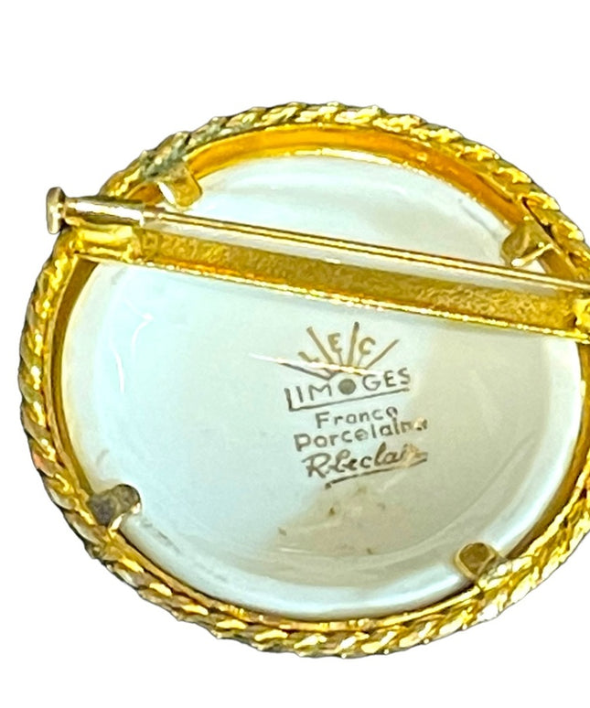 Vintage 1950s Limoges Porcelain flowers transfer gold finish cameo brooch