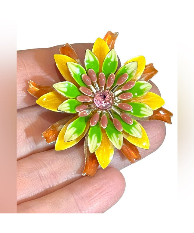 So fun Vintage 1960s Colorful enameled metal fancy flower brooch