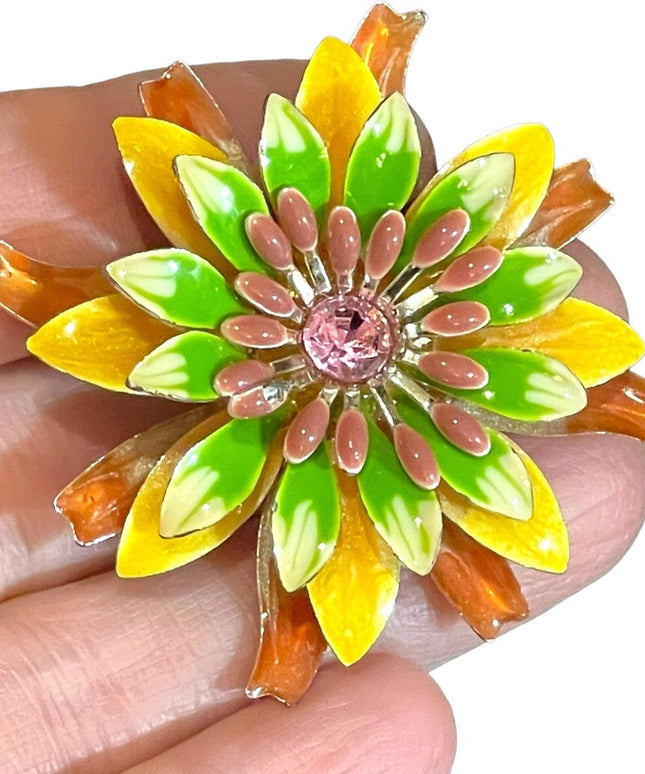 So fun Vintage 1960s Colorful enameled metal fancy flower brooch