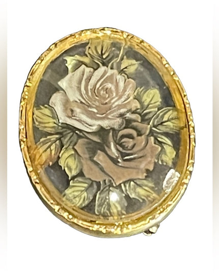 Vintage ornate gold finish flower glass cameo translucent brooch cameo