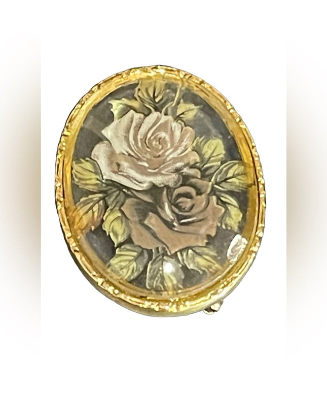 Vintage ornate gold finish flower glass cameo translucent brooch cameo
